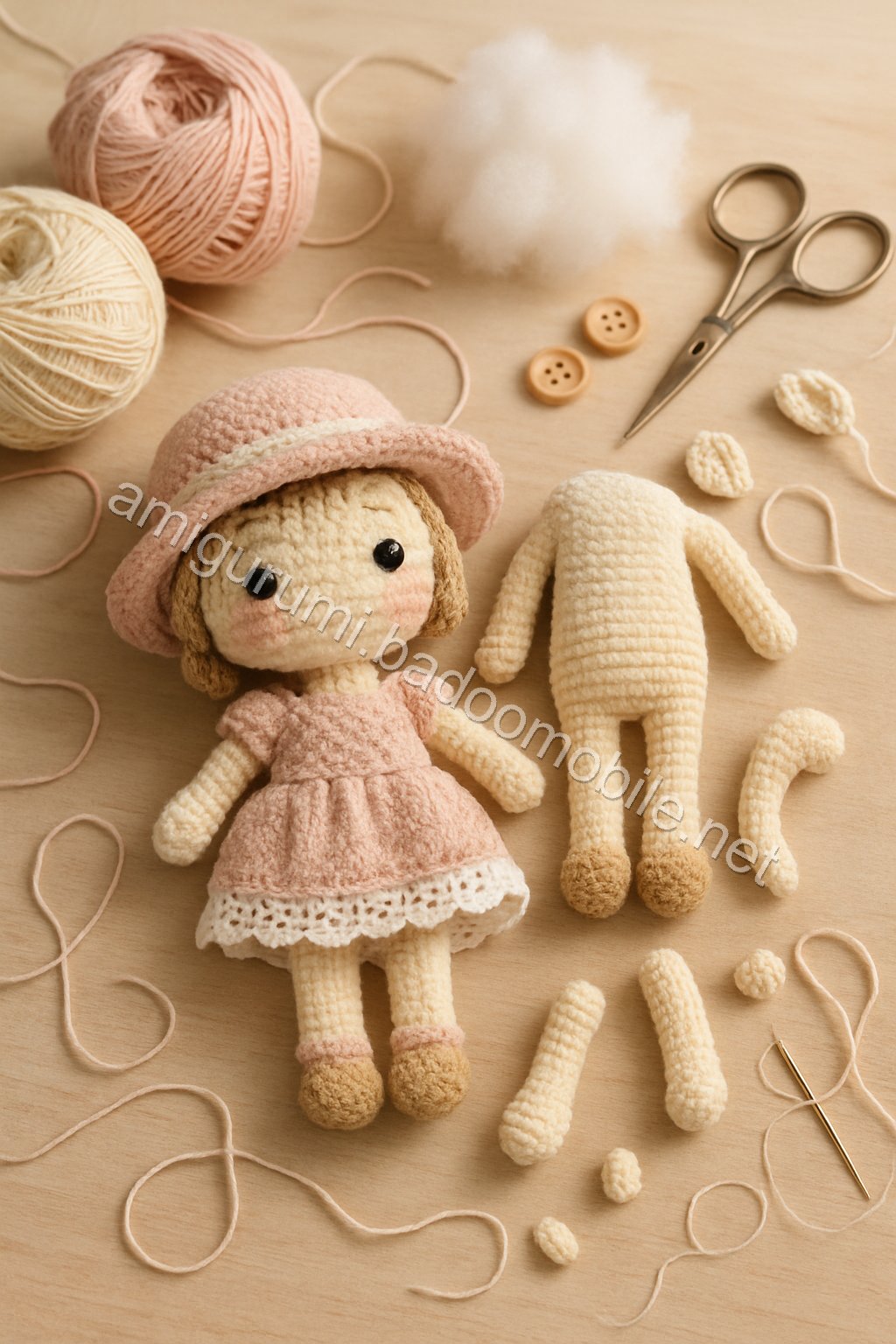 Free Crochet Pattern: Adorable Amigurumi Doll with Dress and Hat crochet parts