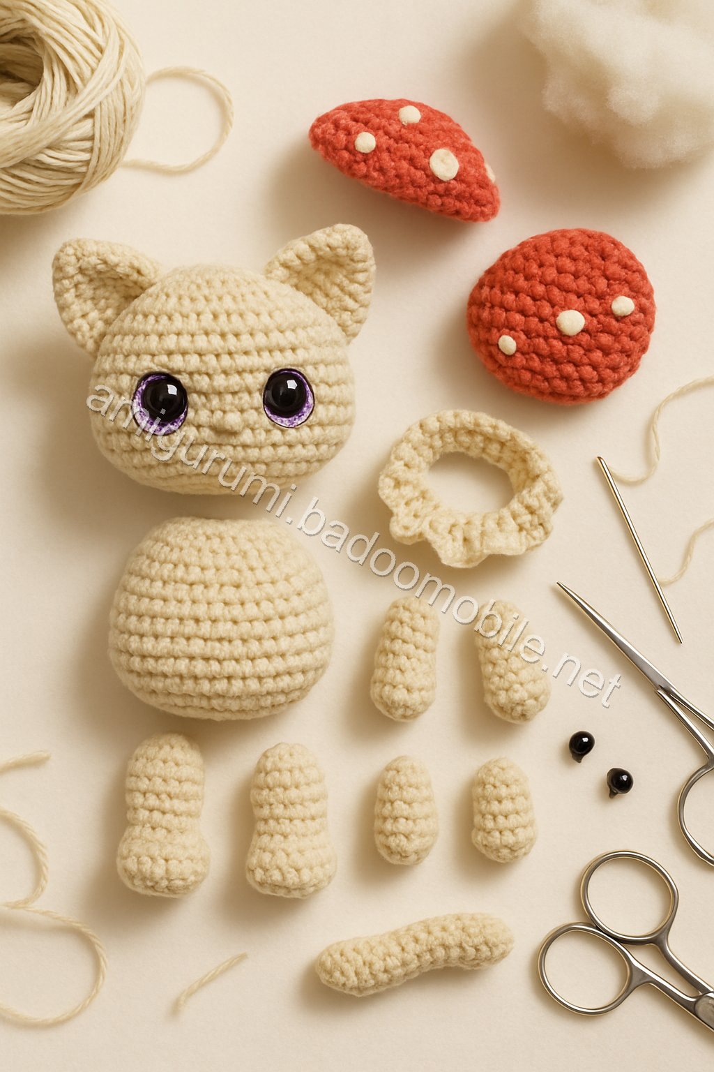 Amigurumi Mushroom Kitten Free Pattern crochet parts