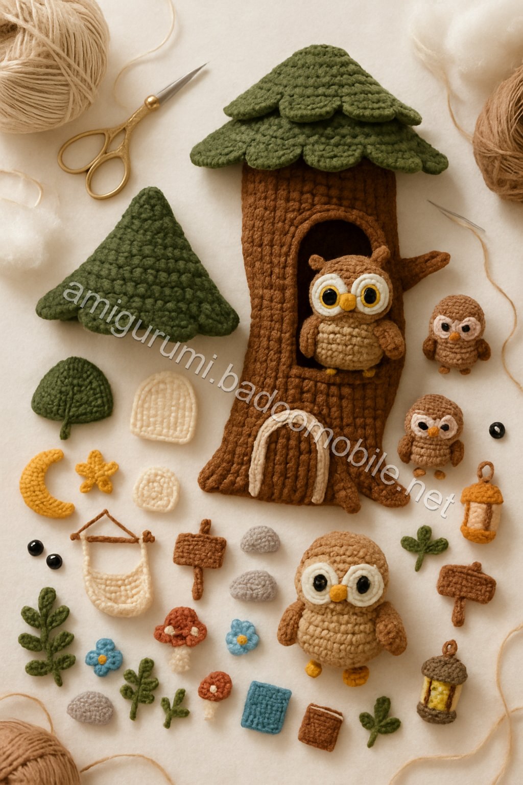 Amigurumi Owl Moon Lantern Treehouse Free Pattern crochet parts