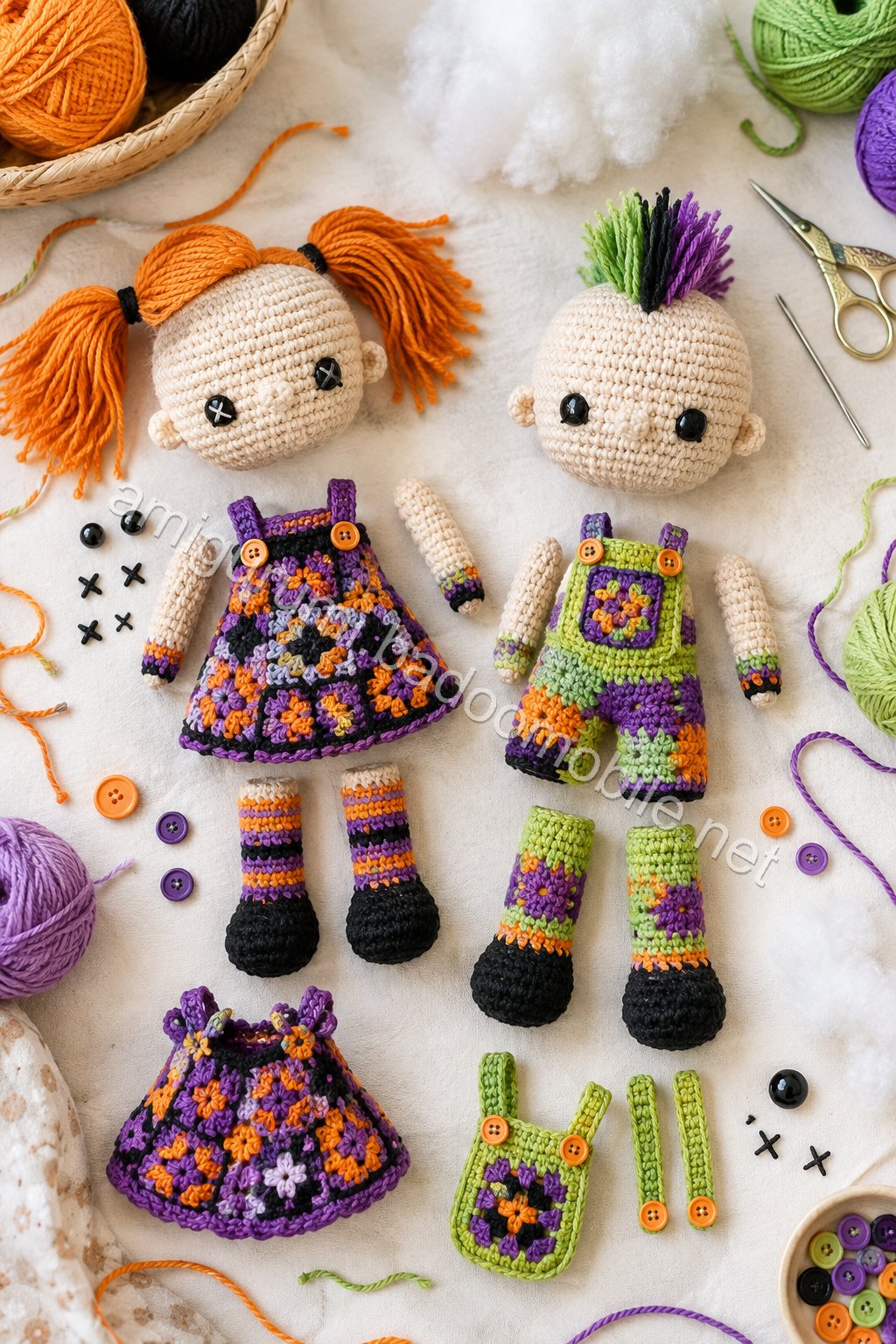 Amigurumi Patchwork Halloween Doll Duo Free Pattern crochet parts